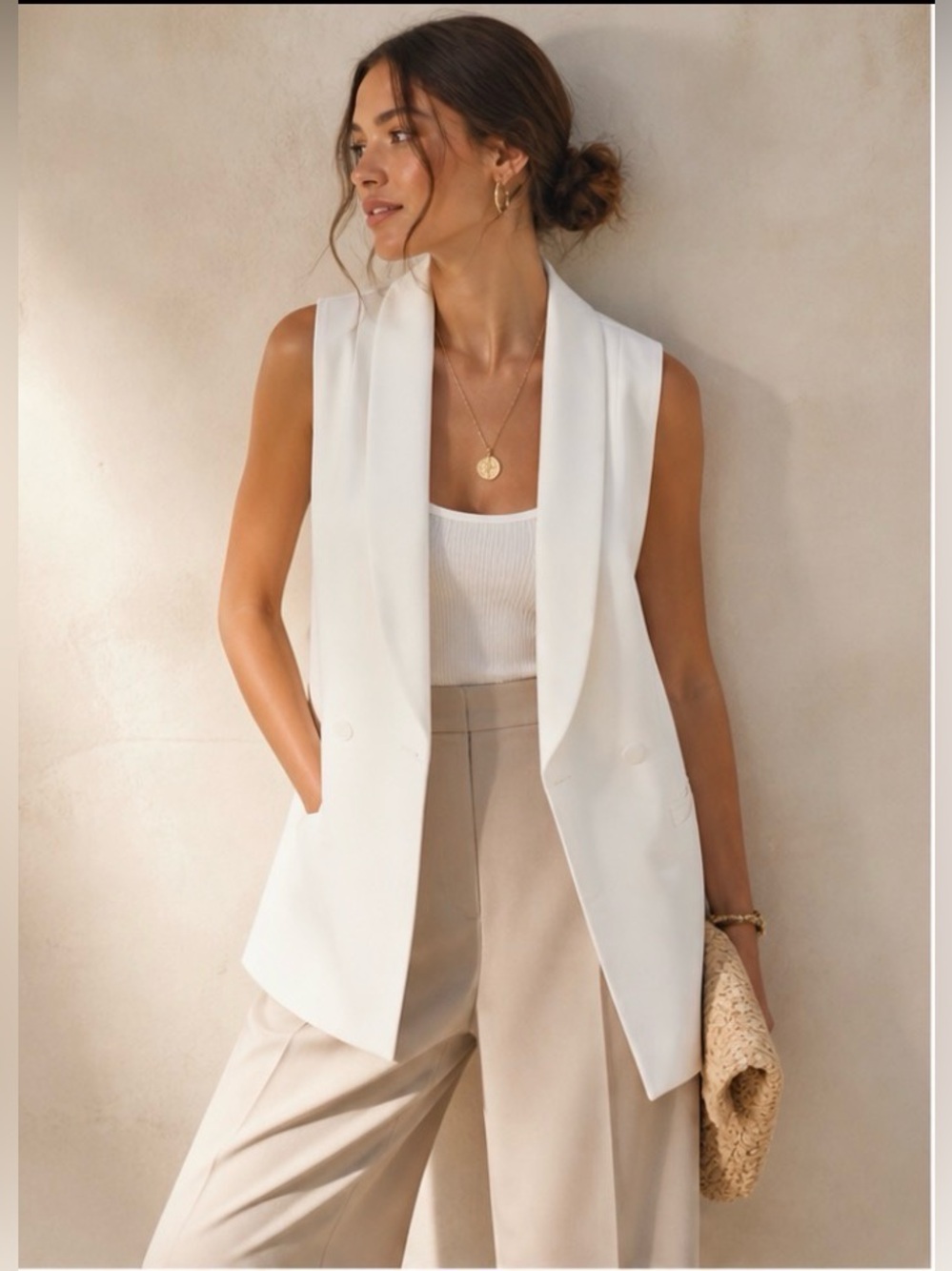 Zara White Sleeveless Tuxedo Blazer